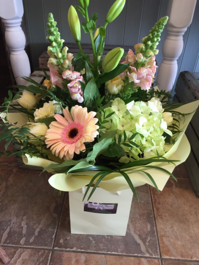 Romance Perfect Gift - Stunning aqua in soft pinks and peaches with lush green foliage.
Fine Print: Every bouquet is hand made and delivered by the local florist. Pictures shown are recent examples of an actual arrangement that were designed by talented florists and later sent out to a customer just like you! Please note that each individual florist cannot guarantee what the flower varieties or colours will be, they do guarantee that your specific arrangement will be fresh, beautiful and that your recipient will love it! Romance Perfect Gift - Stunning aqua in soft pinks and peaches with lush green foliage.
Fine Print: Every bouquet is hand made and delivered by the local florist. Pictures shown are recent examples of an actual arrangement that were designed by talented florists and later sent out to a customer just like you! Please note that each individual florist cannot guarantee what the flower varieties or colours will be, they do guarantee that your specific arrangement will be fresh, beautiful and that your recipient will love it!