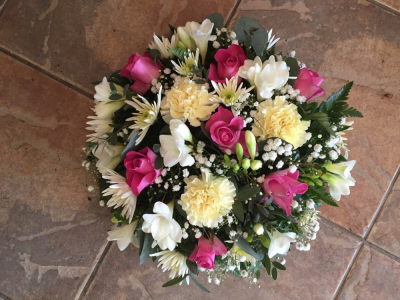 Posy Tribute - Posy tribute is a stunning circular arrangement of fresh blooms placed into an oasis. The water reservoir will prolonging the life of the flowers while also allowing the arrangement to free stand making this a perfect no fuss floral gift for a friend or loved one, hand made by Hearts and Flowers Florist in Cardiff. 
This beautiful posy can be made to your own specifications including the colours of your choice to suit every requirement. All our arrangements are hand made in store by our team of experienced floristsand crafted from the freshest blooms of the day delivered daily to our store situated in Cardiff CF14.
Order online with confidence at our secure checkout or call us on T: 02920 759265.
If you have any queries about this item then you can also reach us via our email address - heartsandflowers2016@hotmail.com Posy Tribute - Posy tribute is a stunning circular arrangement of fresh blooms placed into an oasis. The water reservoir will prolonging the life of the flowers while also allowing the arrangement to free stand making this a perfect no fuss floral gift for a friend or loved one, hand made by Hearts and Flowers Florist in Cardiff. 
This beautiful posy can be made to your own specifications including the colours of your choice to suit every requirement. All our arrangements are hand made in store by our team of experienced floristsand crafted from the freshest blooms of the day delivered daily to our store situated in Cardiff CF14.
Order online with confidence at our secure checkout or call us on T: 02920 759265.
If you have any queries about this item then you can also reach us via our email address - heartsandflowers2016@hotmail.com