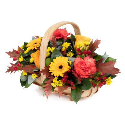 Autumn Hedgerow Basket - A collection of seasonal flowers and foliage arranged in a natural basket. Autumn Hedgerow Basket - A collection of seasonal flowers and foliage arranged in a natural basket.