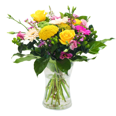 The Happy Vase - Happy Vase floral arrangement, made up of bright blooms and leaves. The Happy Vase - Happy Vase floral arrangement, made up of bright blooms and leaves.